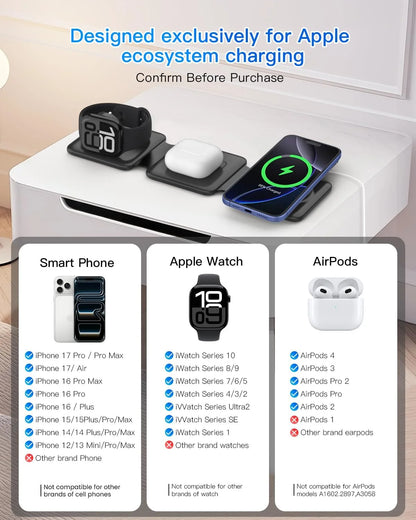 Magnetic Wireless Charger Compatible for Iphone: Fodable 3 in 1 Charging Station for Apple Multiple Devices - Travel Charging Pad Dock Compatible for Iphone 17 16 15 14 13 12 Pro Max plus & Airpod