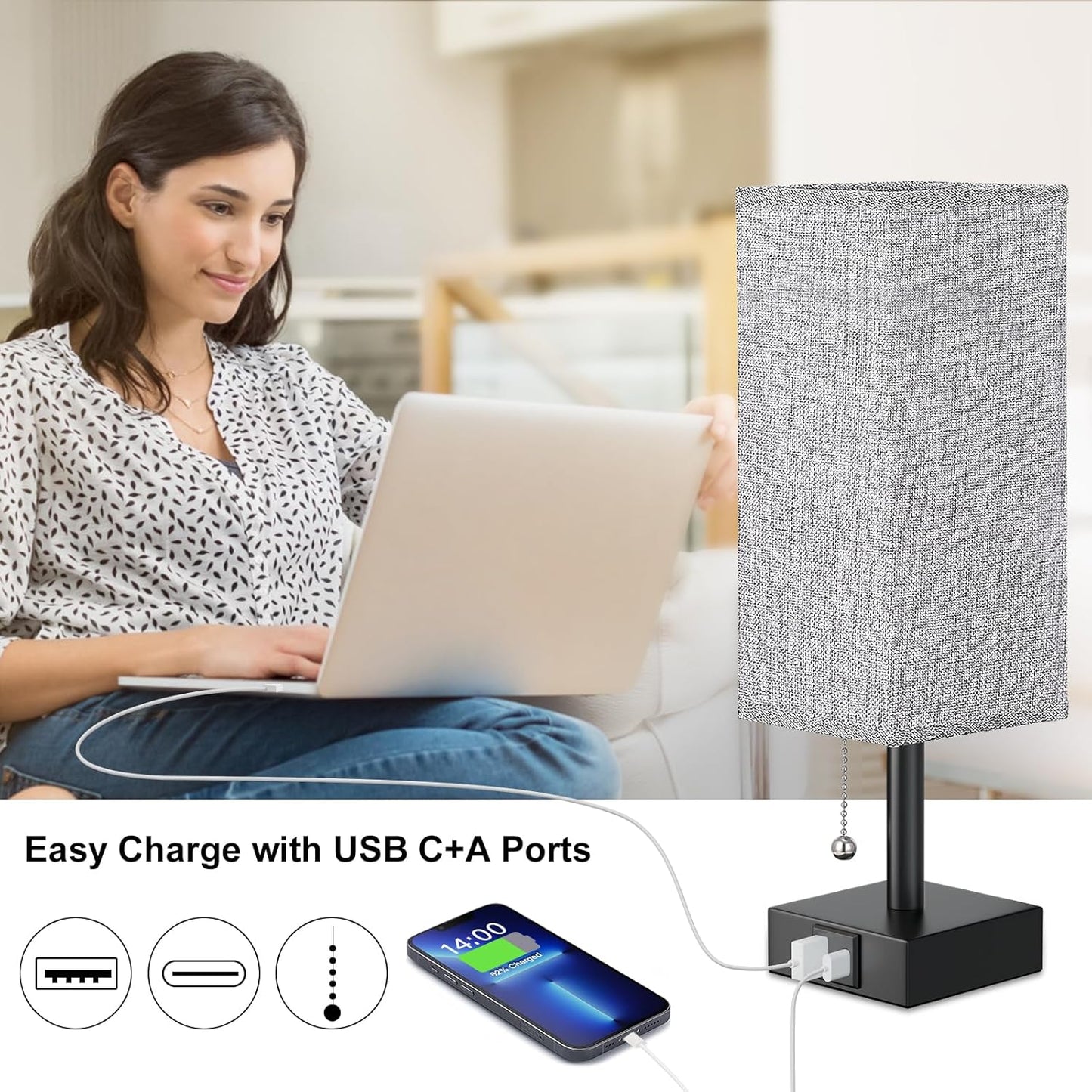 Bedside Lamp for Bedroom with USB Ports - Grey Table Lamp with USB C + a Charging Ports for Nightstand, Small Desk Light for Boys, Bulb Not Included