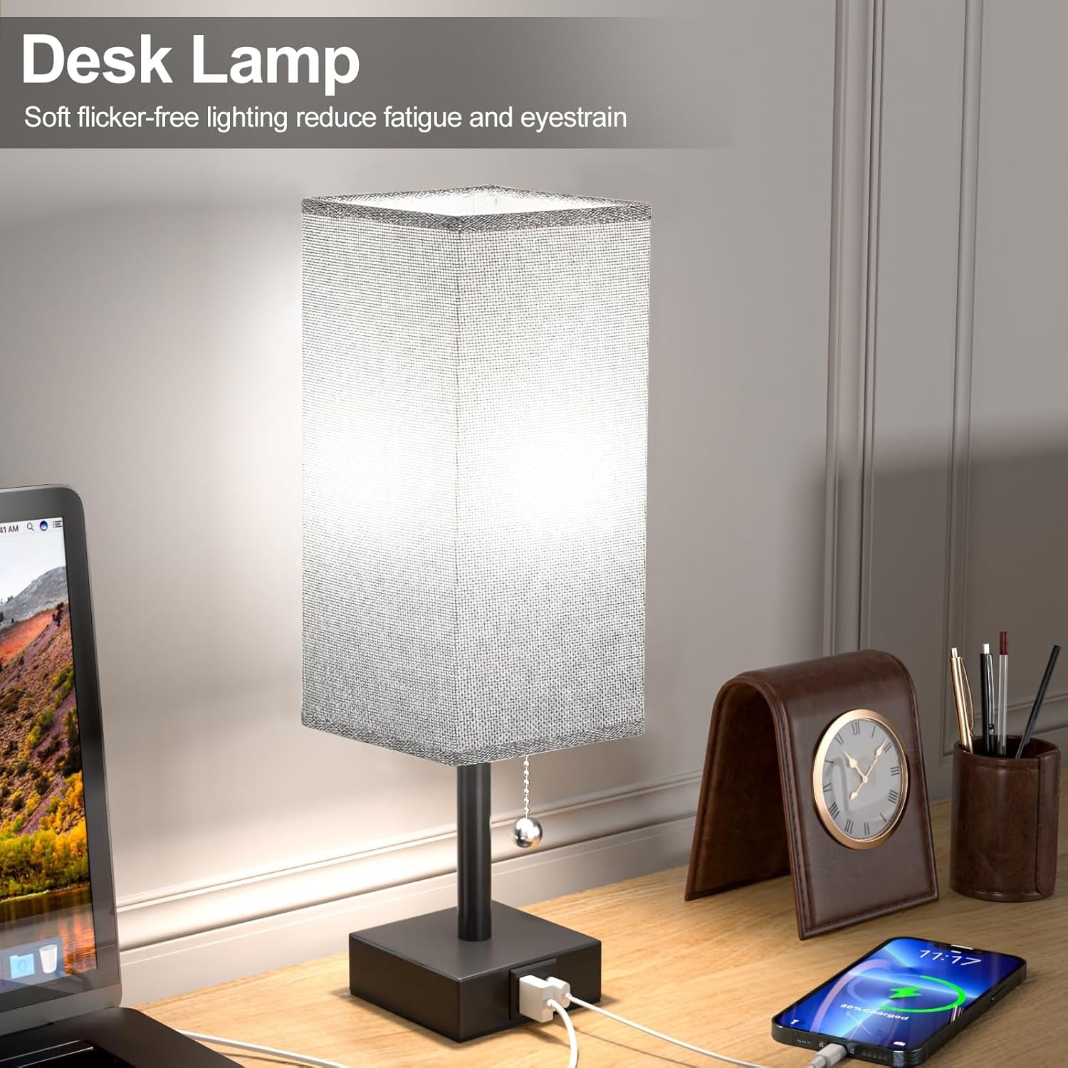 Bedside Lamp for Bedroom with USB Ports - Grey Table Lamp with USB C + a Charging Ports for Nightstand, Small Desk Light for Boys, Bulb Not Included