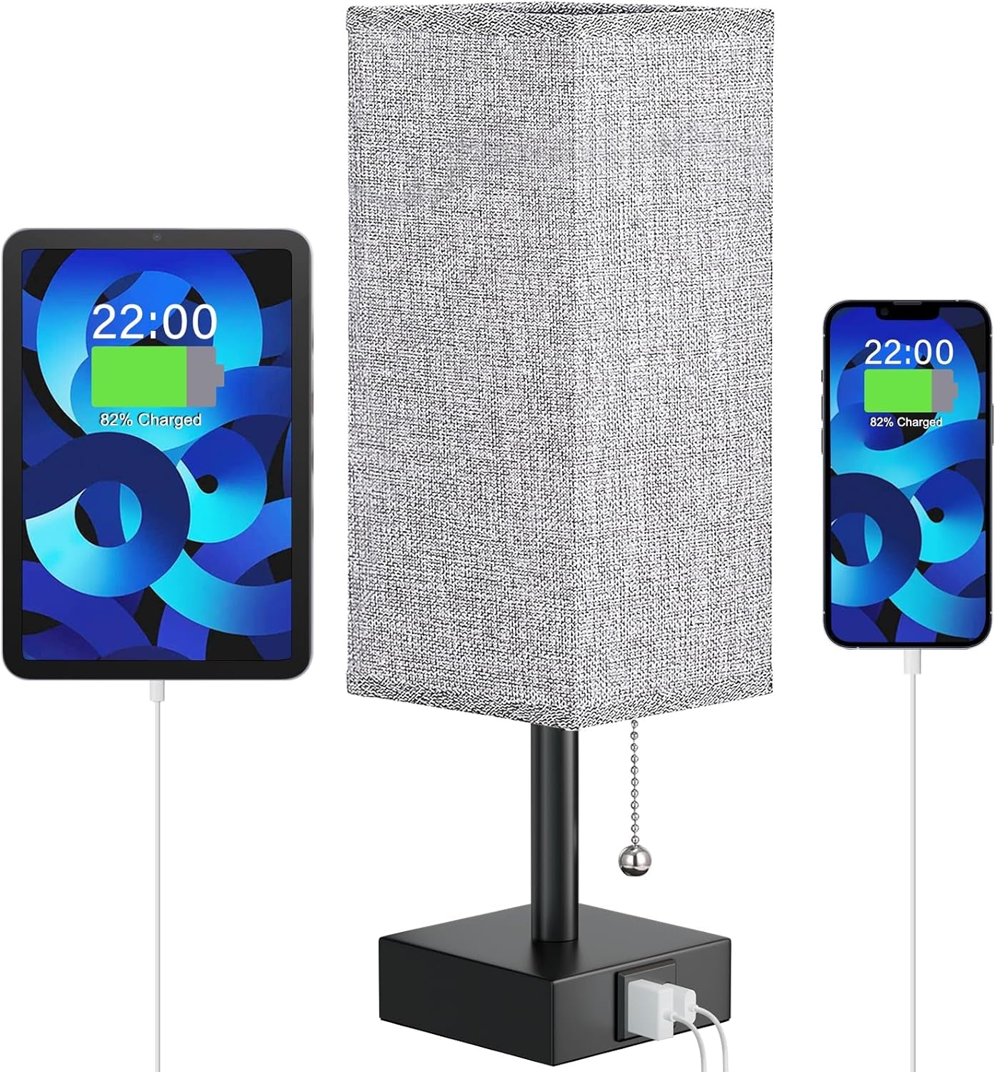 Bedside Lamp for Bedroom with USB Ports - Grey Table Lamp with USB C + a Charging Ports for Nightstand, Small Desk Light for Boys, Bulb Not Included