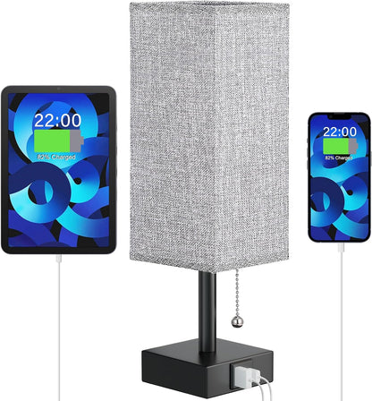 Bedside Lamp for Bedroom with USB Ports - Grey Table Lamp with USB C + a Charging Ports for Nightstand, Small Desk Light for Boys, Bulb Not Included