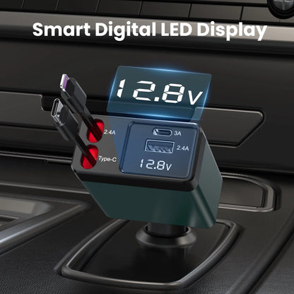 Retractable Car Charger Adapter,150W Fast Charger for Car, 4 in 1 Car Phone Charger with Cables(2.6Ft),180° Adjustable,Voltage Display-Green