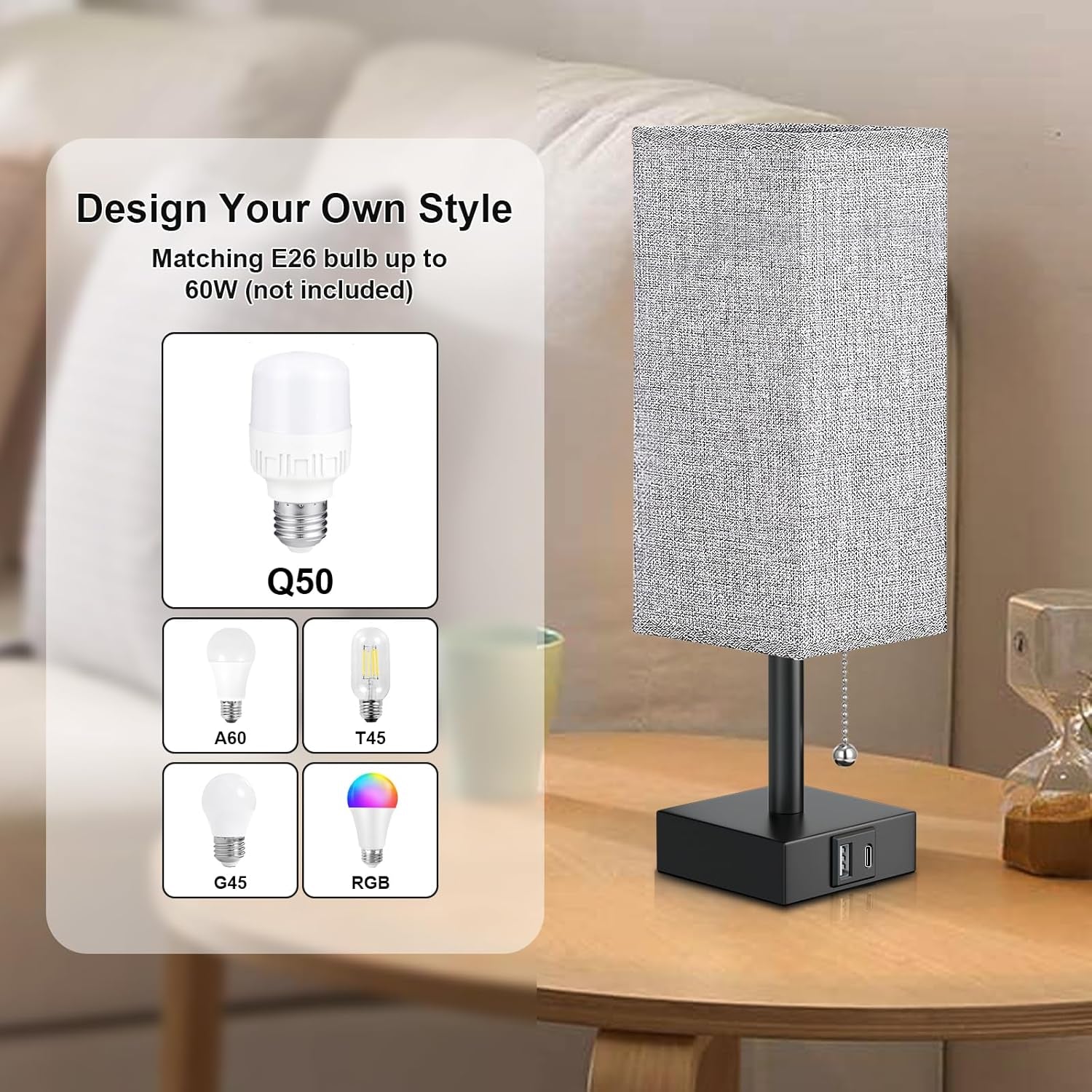 Bedside Lamp for Bedroom with USB Ports - Grey Table Lamp with USB C + a Charging Ports for Nightstand, Small Desk Light for Boys, Bulb Not Included