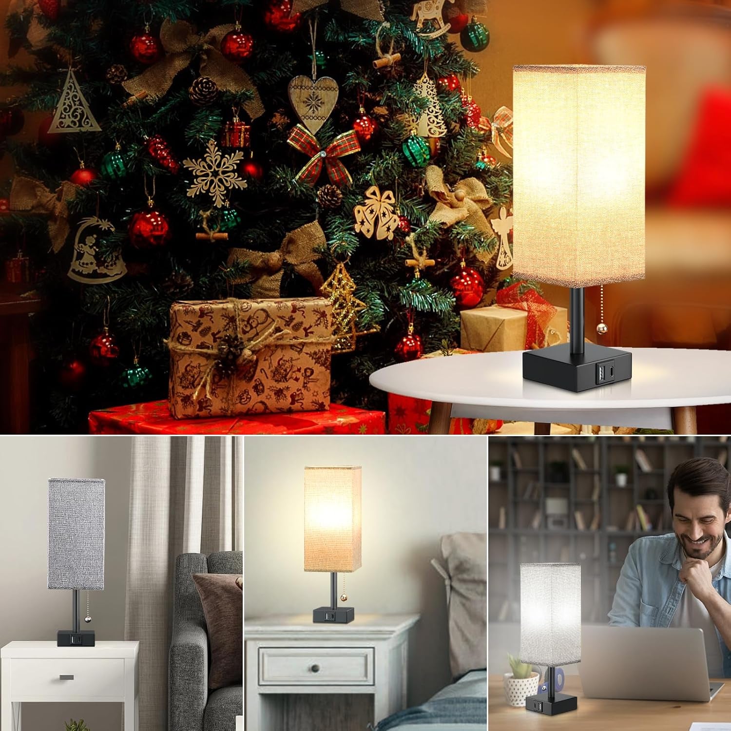 Bedside Lamp for Bedroom with USB Ports - Grey Table Lamp with USB C + a Charging Ports for Nightstand, Small Desk Light for Boys, Bulb Not Included