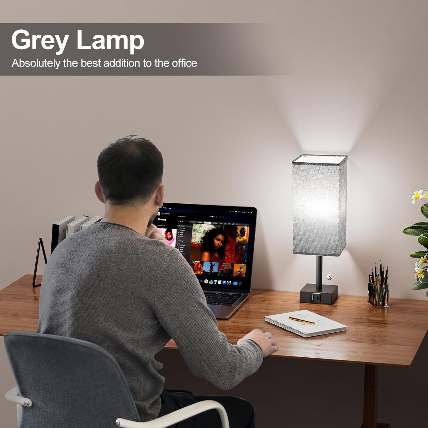 Bedside Lamp for Bedroom with USB Ports - Grey Table Lamp with USB C + a Charging Ports for Nightstand, Small Desk Light for Boys, Bulb Not Included