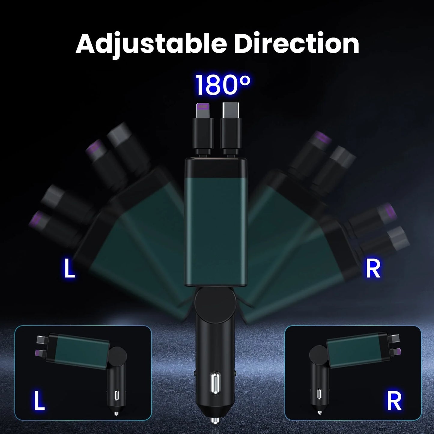 Retractable Car Charger Adapter,150W Fast Charger for Car, 4 in 1 Car Phone Charger with Cables(2.6Ft),180° Adjustable,Voltage Display-Green