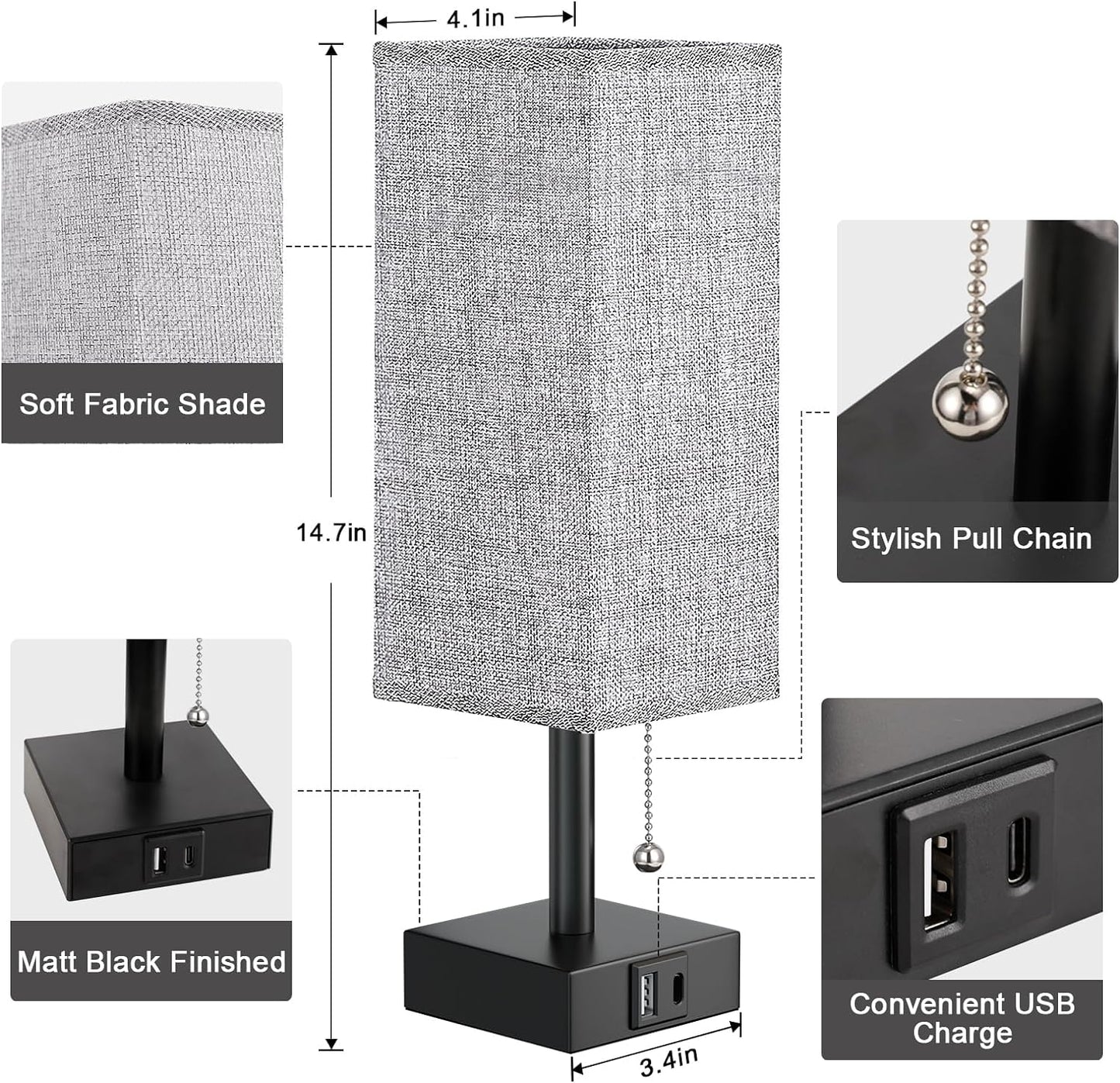 Bedside Lamp for Bedroom with USB Ports - Grey Table Lamp with USB C + a Charging Ports for Nightstand, Small Desk Light for Boys, Bulb Not Included