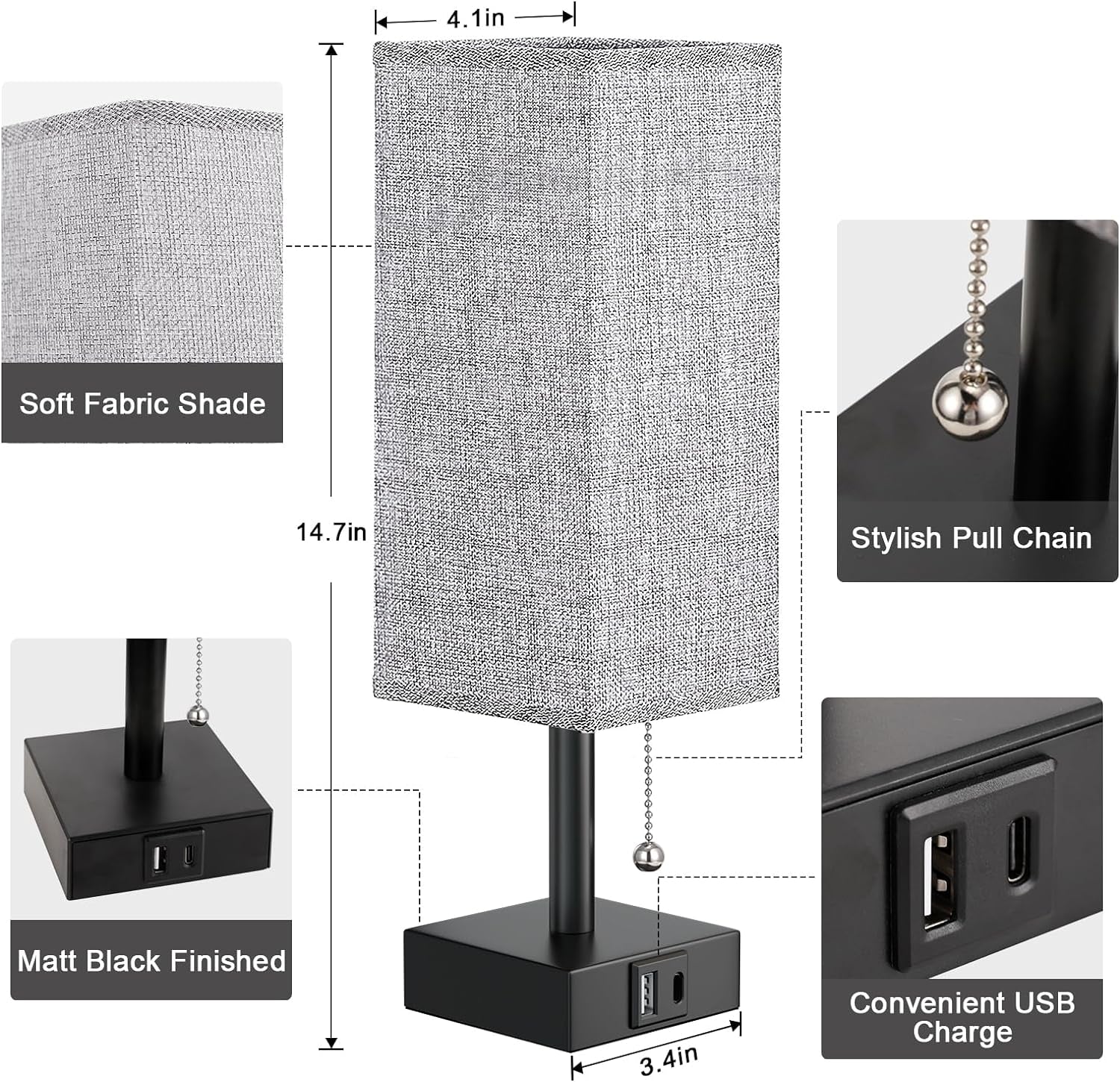 Bedside Lamp for Bedroom with USB Ports - Grey Table Lamp with USB C + a Charging Ports for Nightstand, Small Desk Light for Boys, Bulb Not Included