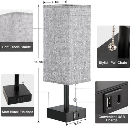 Bedside Lamp for Bedroom with USB Ports - Grey Table Lamp with USB C + a Charging Ports for Nightstand, Small Desk Light for Boys, Bulb Not Included